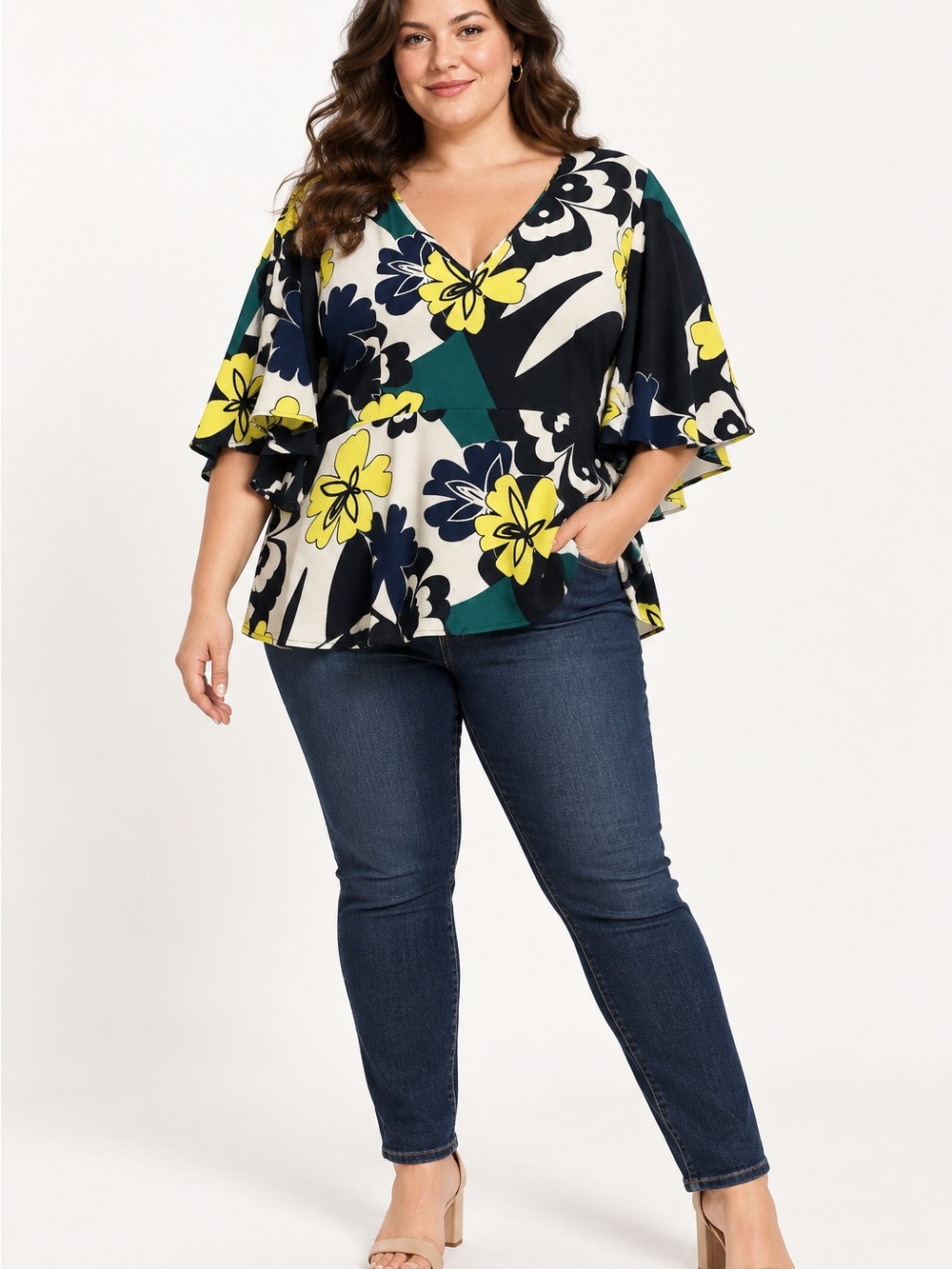 Eloquii Floral V-Neck Flutter Sleeve Top in Yellow, Black & Green